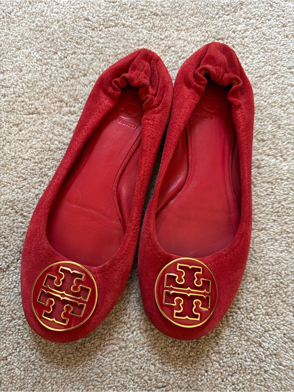 Tory Burch Red Suede Ballet Flats with Gold Logo Emblem